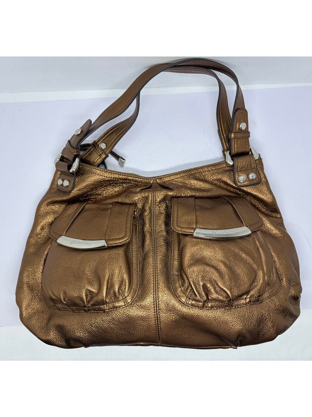 B Makowsky Metallic Bronze Hobo Shoulder Satchel Bag Pebbled Leather NWT Gold